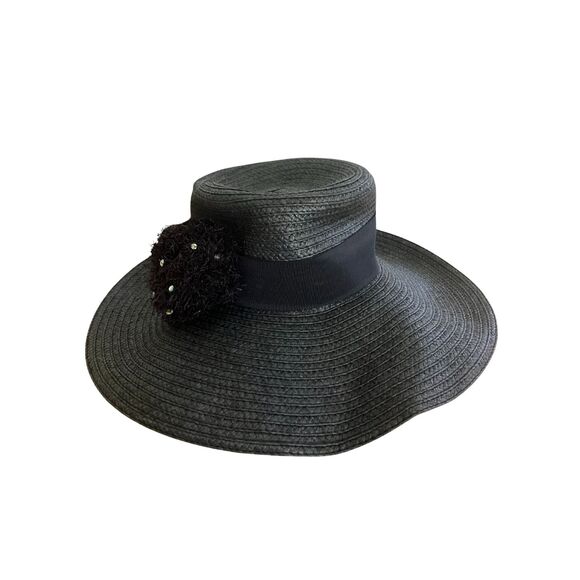August Hat Company Black Wide Brim Straw Hat - Floral Embellishment - Picture 5 of 7